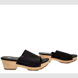 Eileen Fisher Leather Open Toe Wood Clogs Sandals NWD